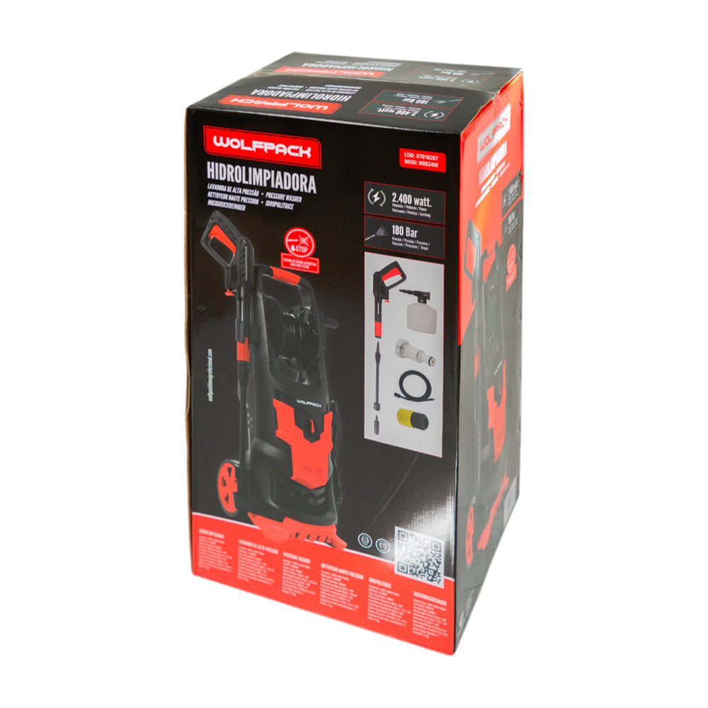 Hidrolimpiadora Alta Presión 180 bar | 2.400 W, 390 l/h, con Accesorios y Ruedas