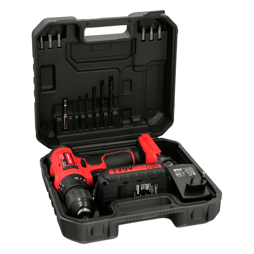 Taladro Atornillador a Batería 20 V – 2 Velocidades, Percutor y Alta Potencia (Apriete 35 Nm)