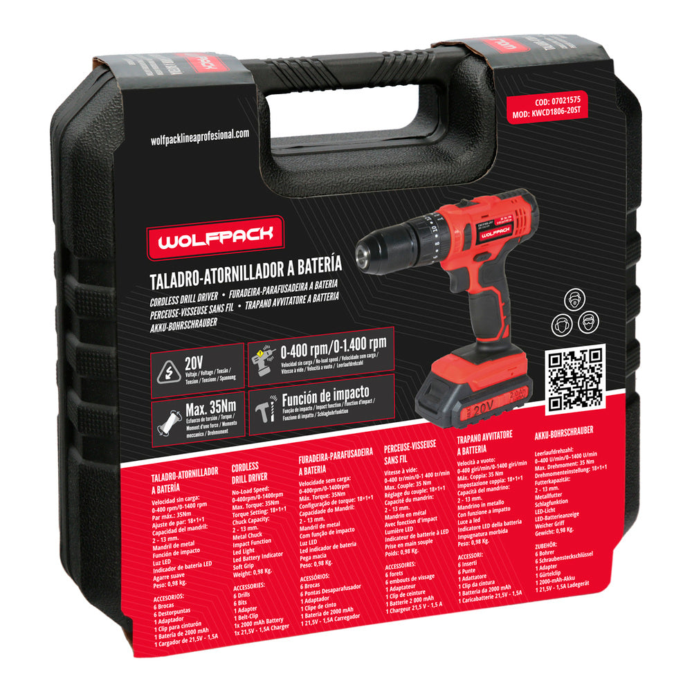 Taladro Atornillador a Batería 20 V – 2 Velocidades, Percutor y Alta Potencia (Apriete 35 Nm)