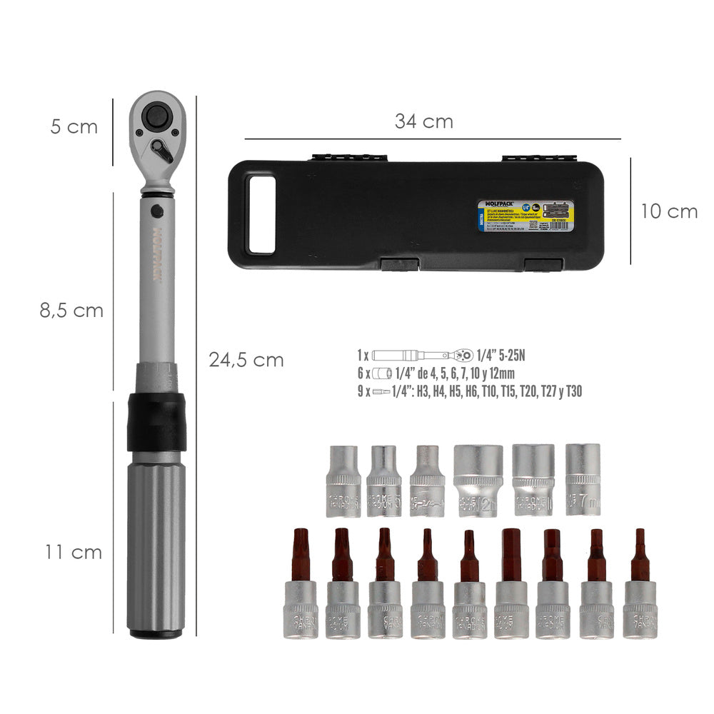 Set Llave Dinamométrica 1/4" con Vasos y Puntas | Par 5–25 Nm | Acero Cromo Vanadio