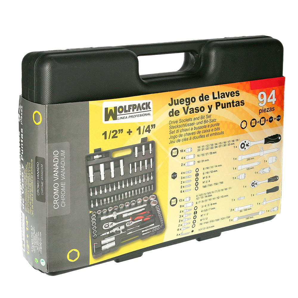 Juego de Llaves de Vaso 94 Piezas 1/4"–1/2" con Carraca | Acero Vanadio y Maletín Profesional