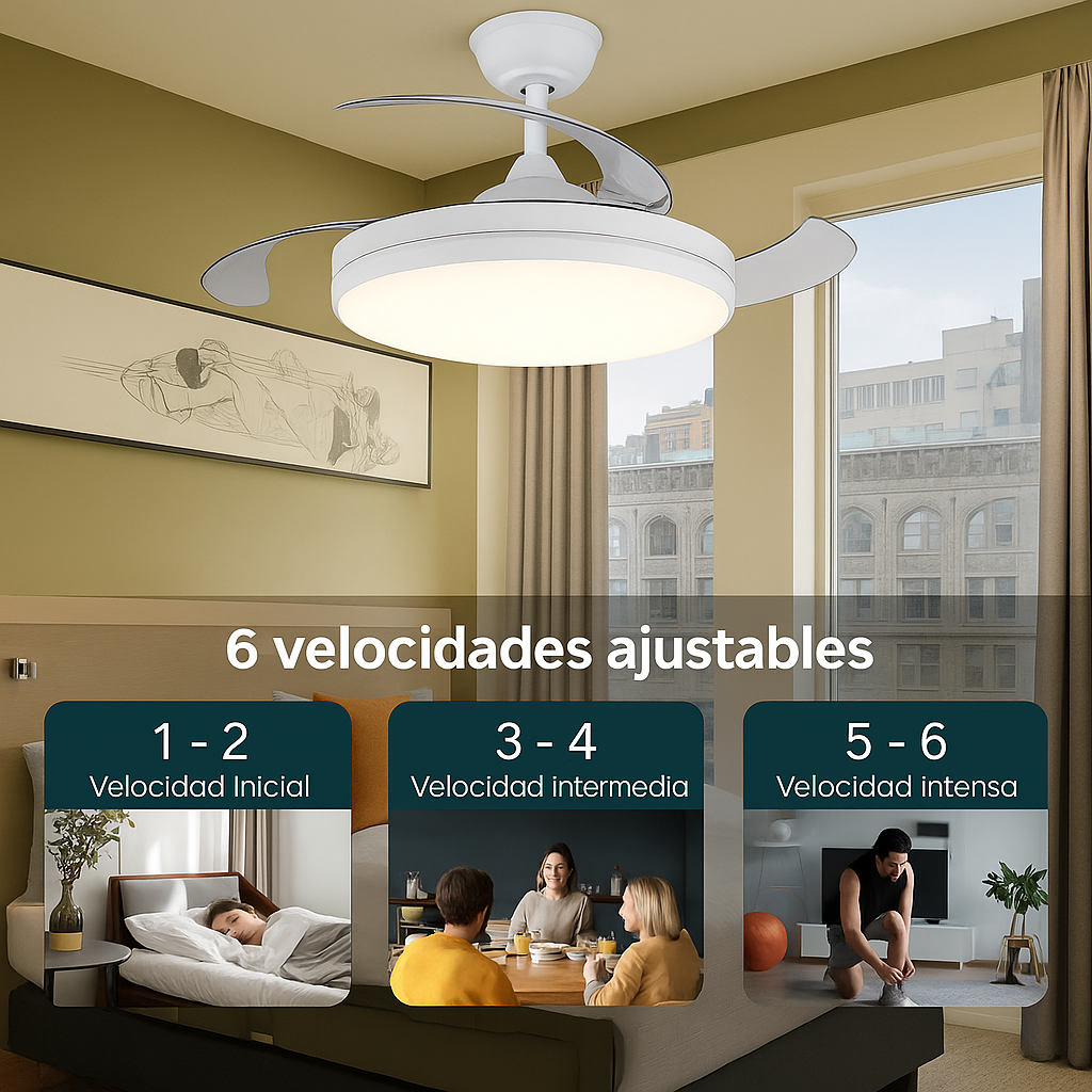 Ventilador de Techo LED Retráctil – 6 Velocidades, Luz Dimmable, Motor DC