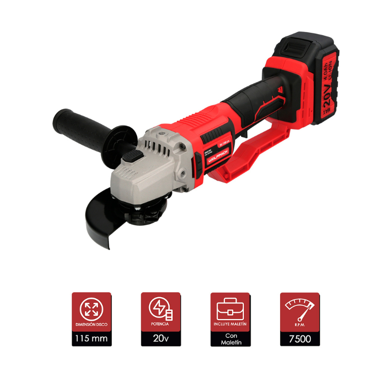 Amoladora Angular a Batería 20V Brushless Ø115mm con Maletín y Batería 4Ah
