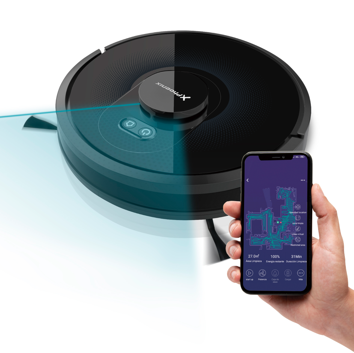 Robot Aspirador Láser LASERBOT 360 Phoenix - Aspirado, Barrido, Fregado y Mopa, Compatible con Alexa y Google Assistant