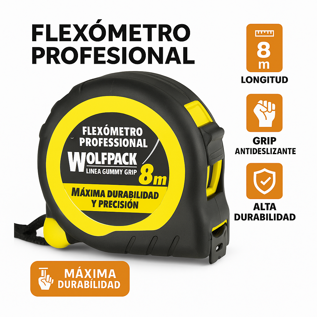 Flexómetro Wolfpack Profesional 8m | Cinta Métrica Gummy Grip Antideslizante