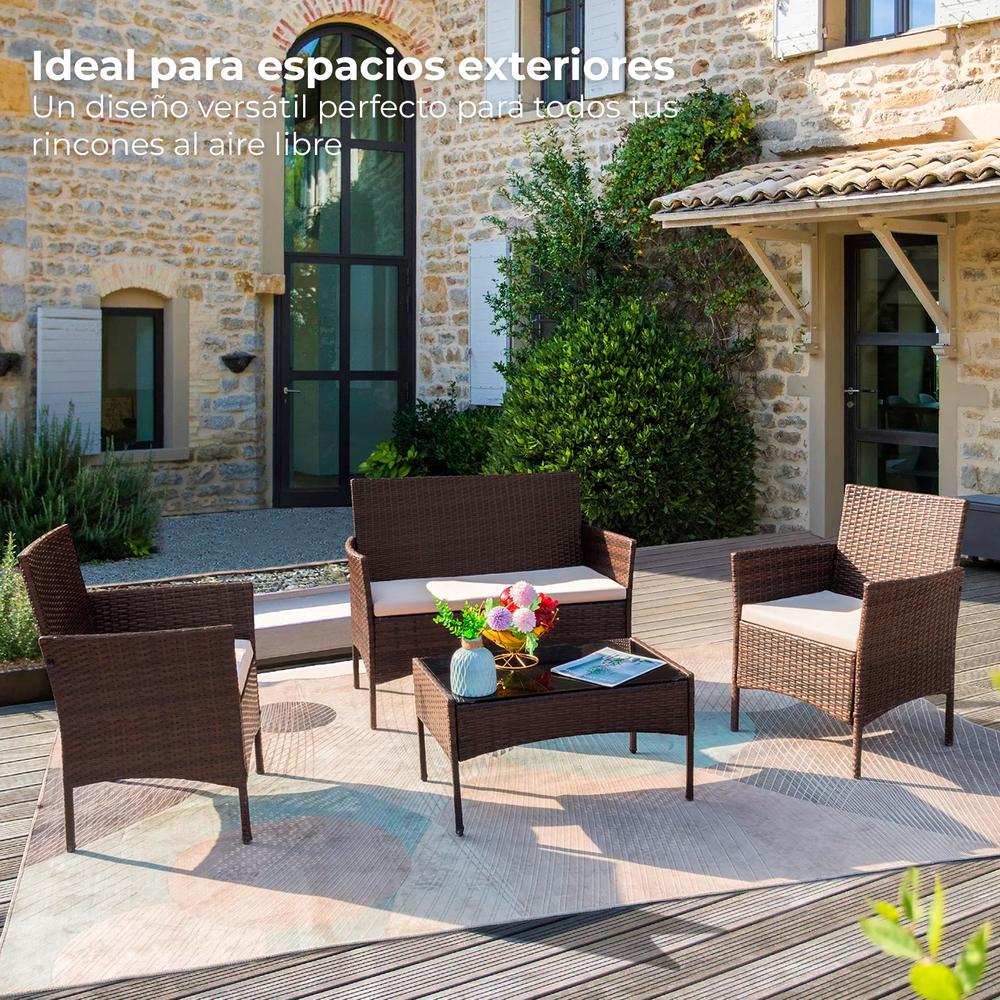 Set de Jardín 4 Piezas – Sofá, Sillas y Mesa de Exterior en Ratán Café