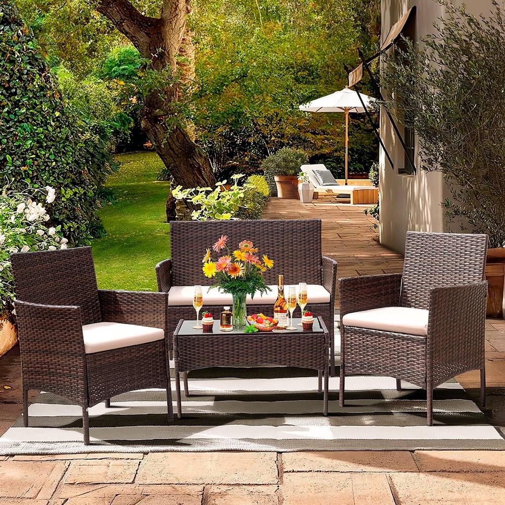 Set de Jardín 4 Piezas – Sofá, Sillas y Mesa de Exterior en Ratán Café