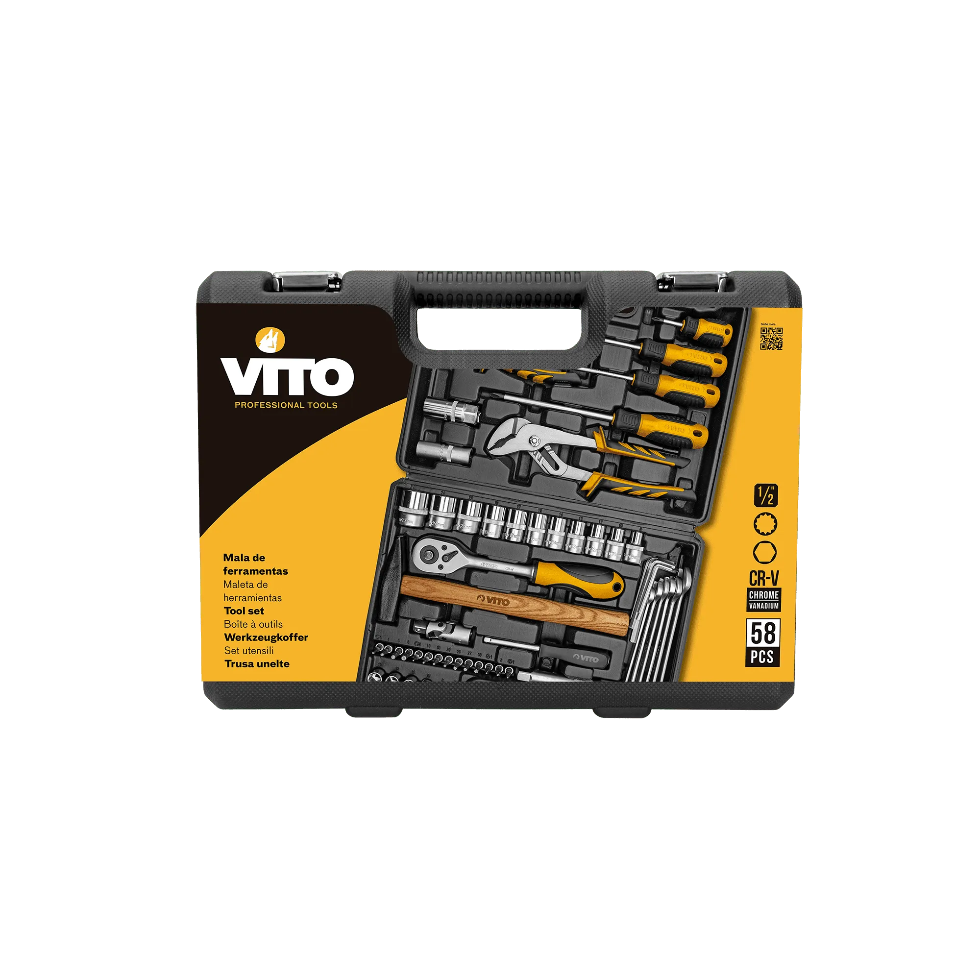 Maletín de Herramientas 58 Piezas de Acero Cr-V – Kit Completo Profesional con Llaves, Alicates y Martillo