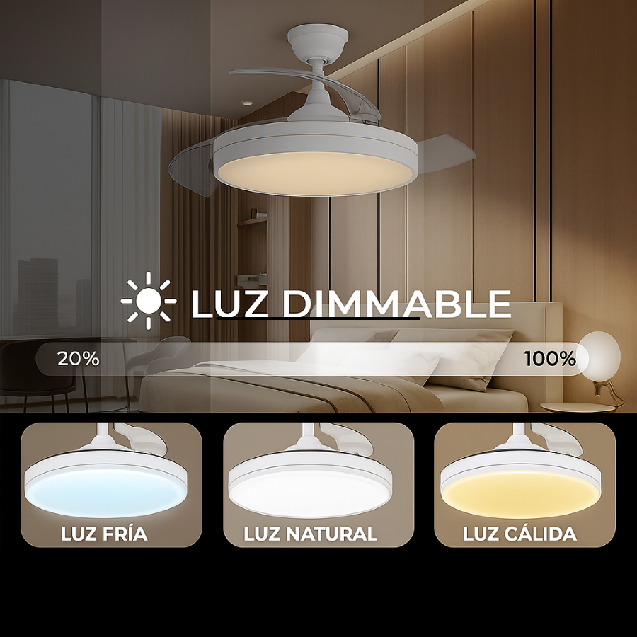 Ventilador de Techo LED Retráctil – 6 Velocidades, Luz Dimmable, Motor DC