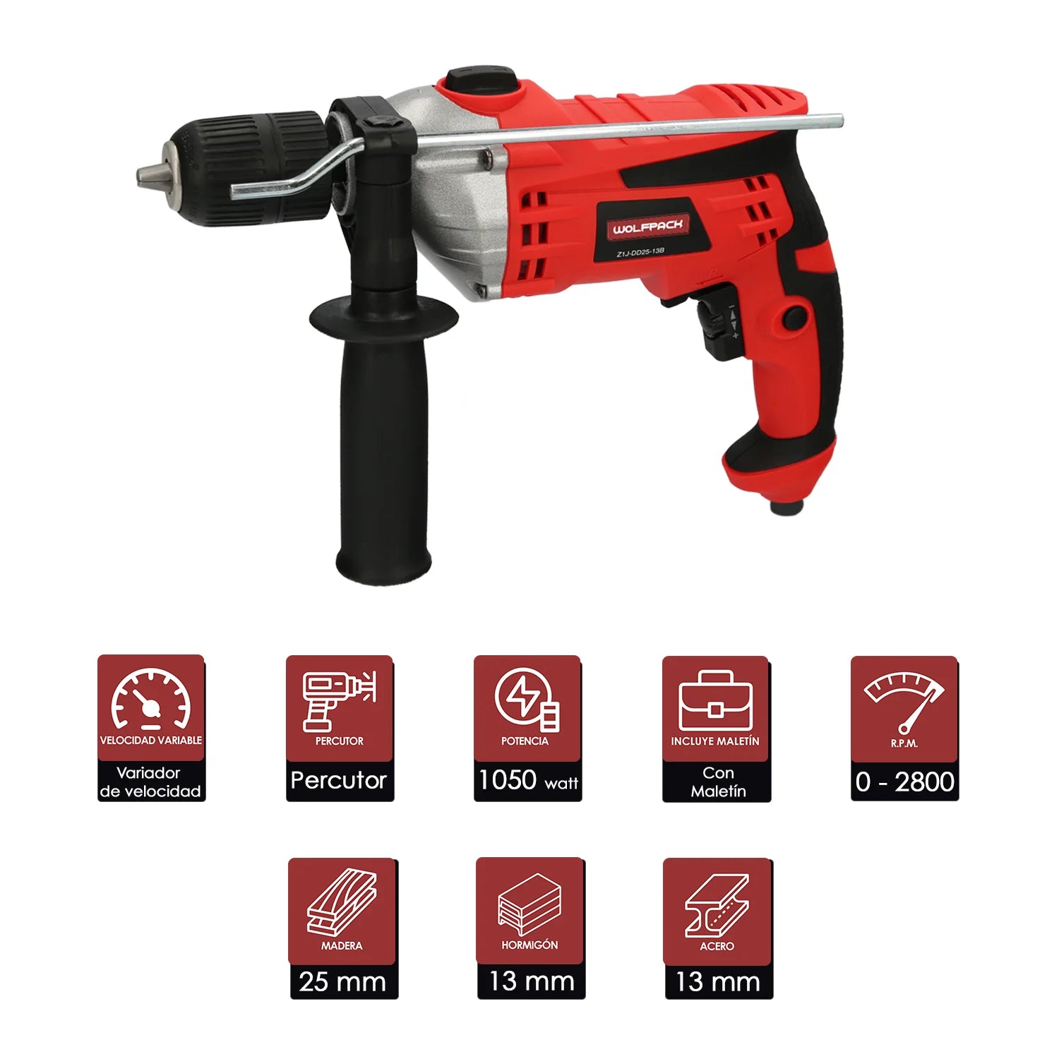 Taladro Percutor con Variador de Velocidad 1050 Watt, Maletín, Empuñadura y Guia Metalica