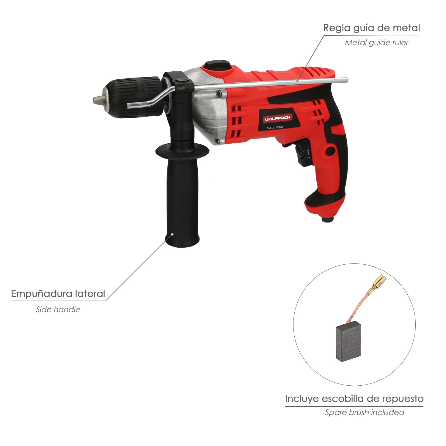 Taladro Percutor con Variador de Velocidad 1050 Watt, Maletín, Empuñadura y Guia Metalica