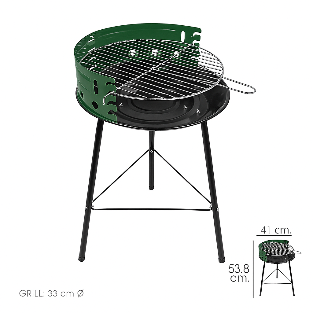 Barbacoa de Carbón Portátil Redonda 33 cm – Parrilla Ajustable Acero Esmaltado