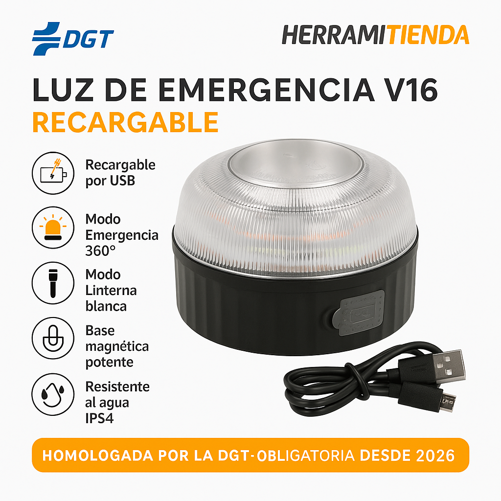 Baliza V16 Homologada DGT Recargable USB – Luz de Emergencia para Coche