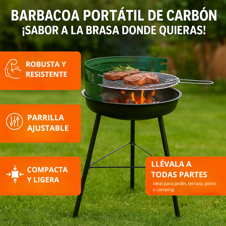Barbacoa de Carbón Portátil Redonda 33 cm – Parrilla Ajustable Acero Esmaltado