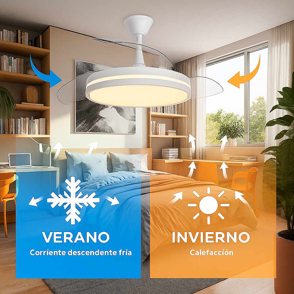 Ventilador de Techo LED Retráctil – 6 Velocidades, Luz Dimmable, Motor DC