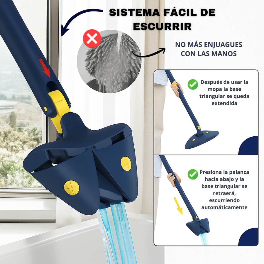 Mopa Triangular Giratoria 360º con Autoescurrido y Mango Extensible | Incluye 2 Paños de Microfibra
