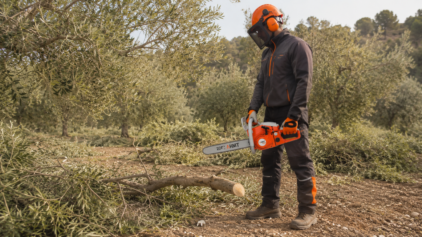 Poda segura de un olivo con motosierra en un entorno rural de España
