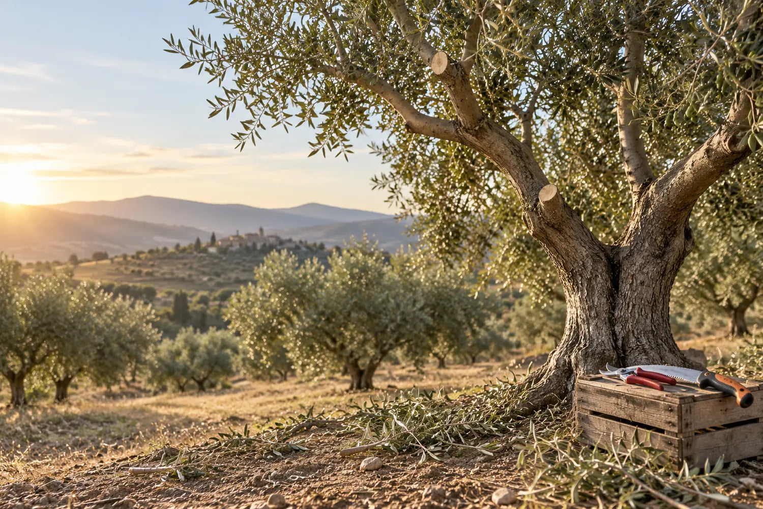 Olivo podado con herramientas de poda en un olivar de España