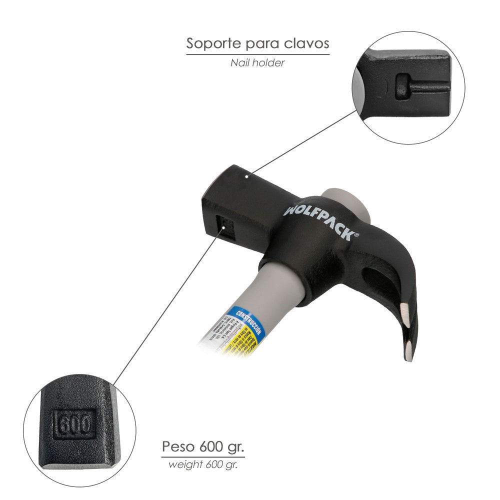 Martillo Uña Español 600 g con Mango Fibra de Vidrio