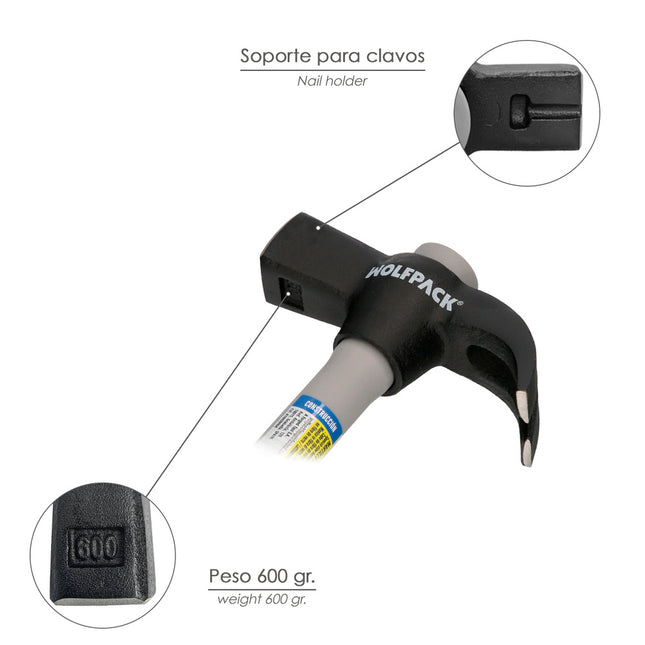 Martillo Uña Español 600 g con Mango Fibra de Vidrio
