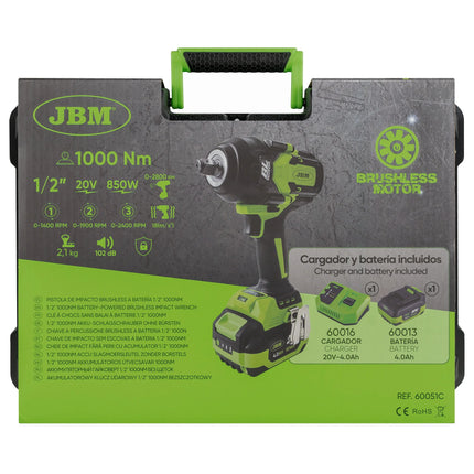 PISTOLA DE IMPACTO BRUSHLESS A BATERÍA 1/2" 1000NM CON MALETÍN