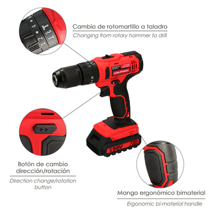 Taladro Atornillador a Batería 20 V – 2 Velocidades, Percutor y Alta Potencia (Apriete 35 Nm)