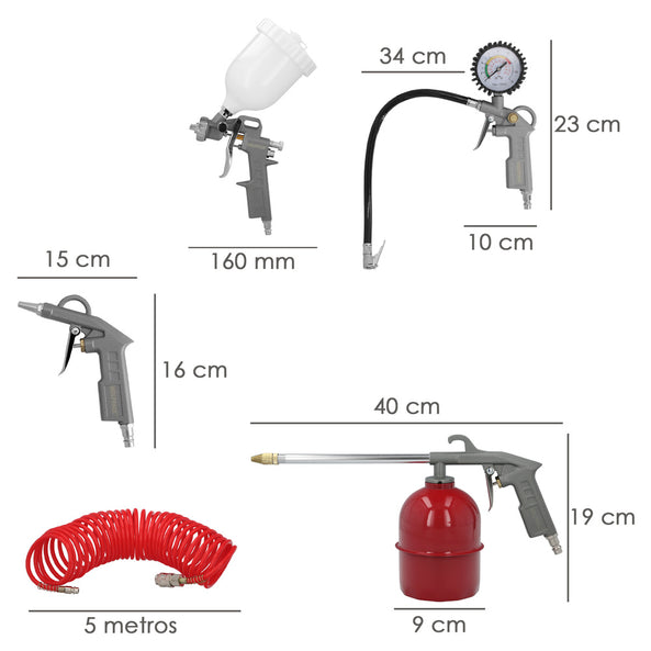 Kit de Accesorios para Compresor de Aire Comprimido 5 Piezas con Conexión Rápida | Inflado, Pintado y Limpieza