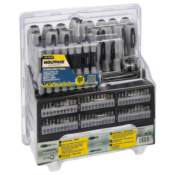 Juego de Destornilladores y Puntas 100 Piezas con Soporte | Acero Cromo Vanadio y Mango Bimaterial