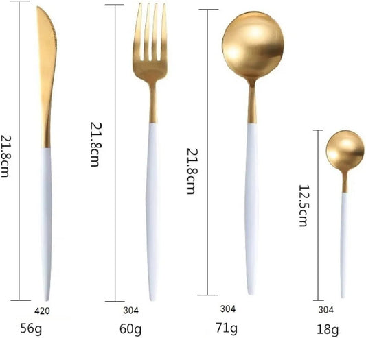 Juego de Cubiertos Dorado con Blanco – Elegancia y Distinción para tus Comidas