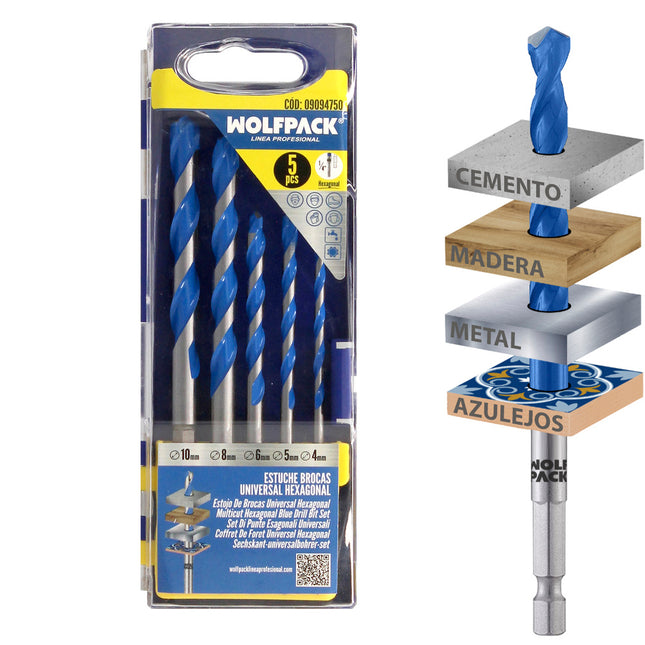 Estuche de Brocas Wolfpack Universales Ø4–10 mm | Punta Hexagonal Multiusos