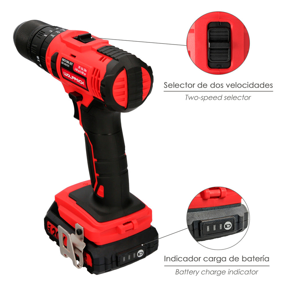 Taladro Atornillador a Batería 20 V – 2 Velocidades, Percutor y Alta Potencia (Apriete 35 Nm)