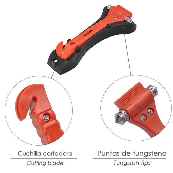 Martillo Rompecristales con Cuchilla – Herramienta de Emergencia 17cm con Punta de Tungsteno y Cortacinturón
