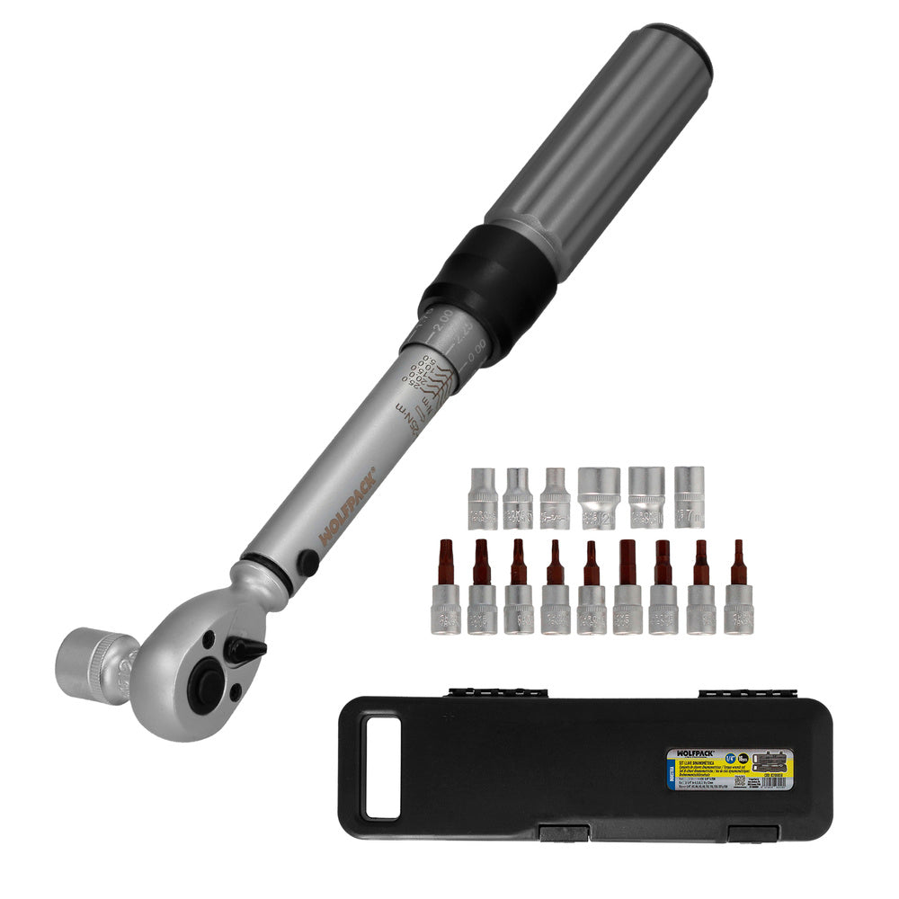 Set Llave Dinamométrica 1/4" con Vasos y Puntas | Par 5–25 Nm | Acero Cromo Vanadio