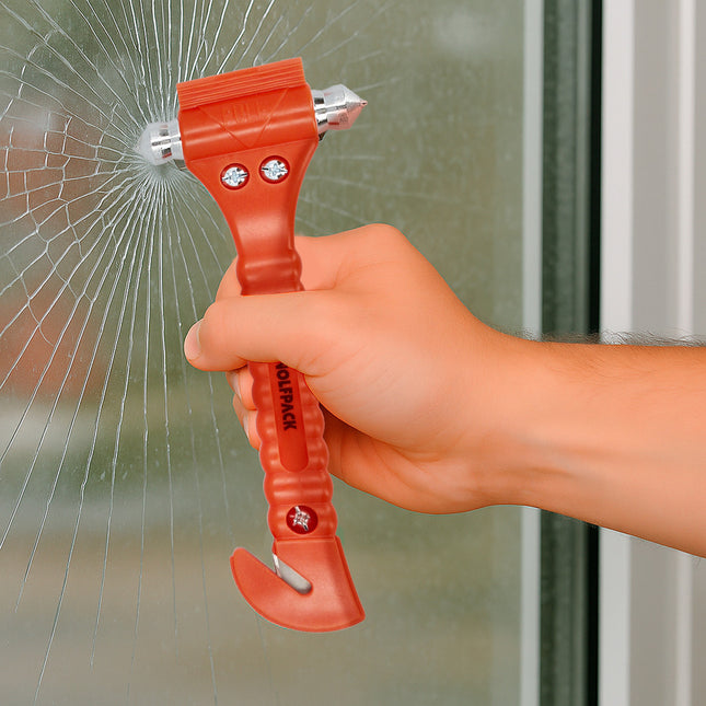 Martillo Rompecristales con Cuchilla – Herramienta de Emergencia 17cm con Punta de Tungsteno y Cortacinturón