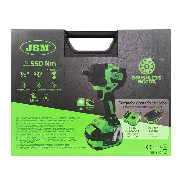 PISTOLA DE IMPACTO BRUSHLESS A BATERÍA 1/2" 800NM CON MALETÍN