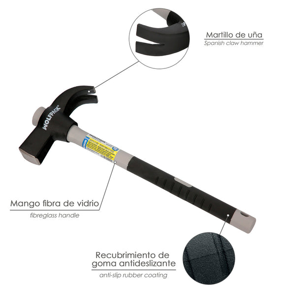 Martillo Uña Español 600 g con Mango Fibra de Vidrio