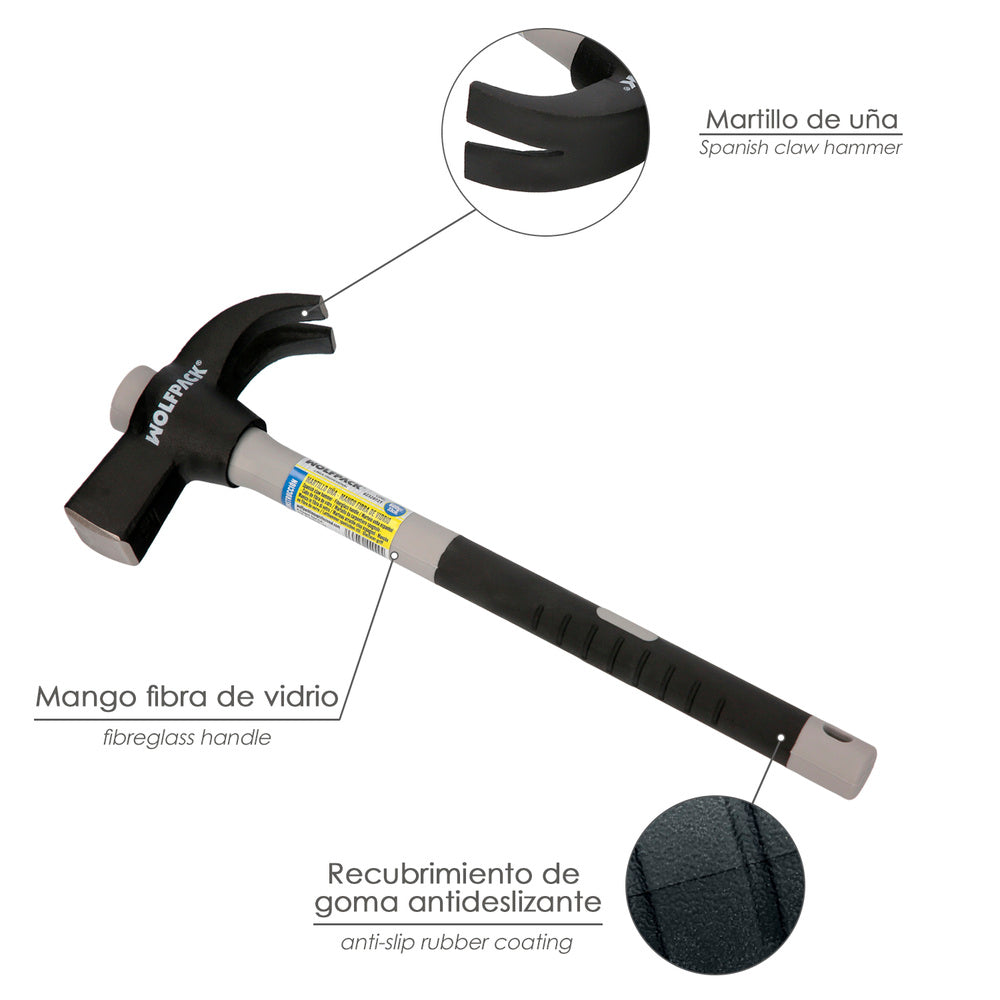 Martillo Uña Español 600 g con Mango Fibra de Vidrio