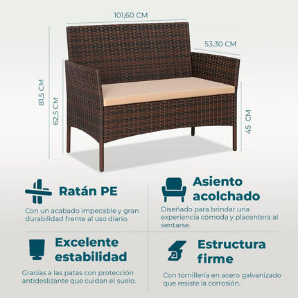 Set de Jardín  4 Piezas – Sofá, Sillas y Mesa de Exterior en Ratán Café
