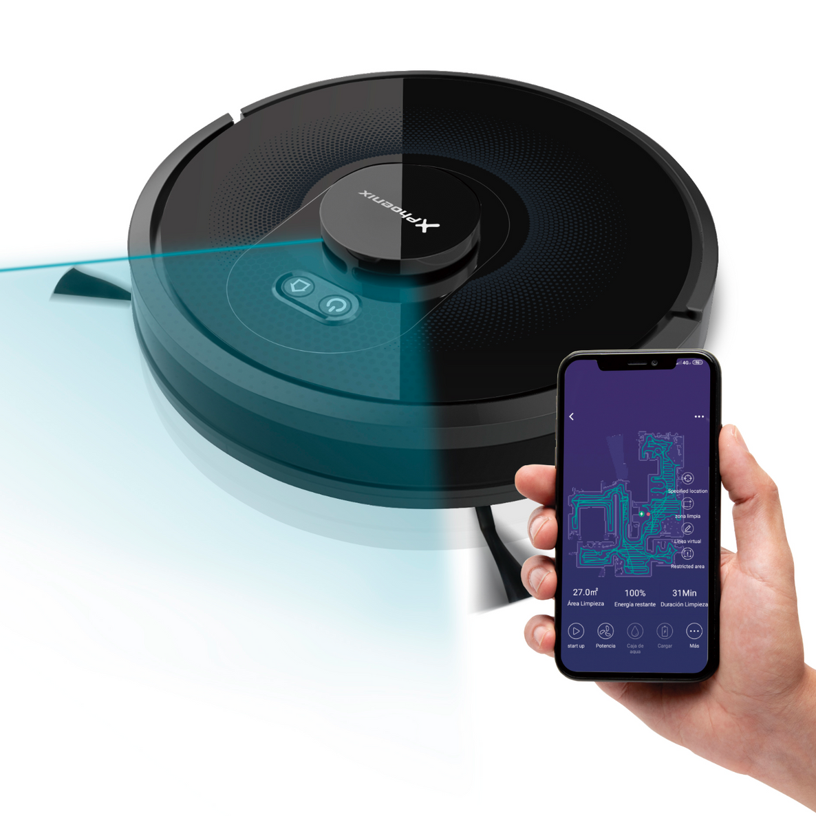 Robot Aspirador Láser LASERBOT 360 Phoenix  - Aspirado, Barrido, Fregado y Mopa, Compatible con Alexa y Google Assistant