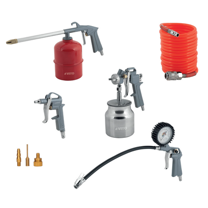 Kit de Accesorios de Aire Comprimido 8 Piezas | Pistolas, Manguera y Manómetro para Compresores
