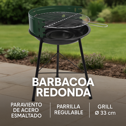 Barbacoa de Carbón Portátil Redonda 33 cm – Parrilla Ajustable Acero Esmaltado