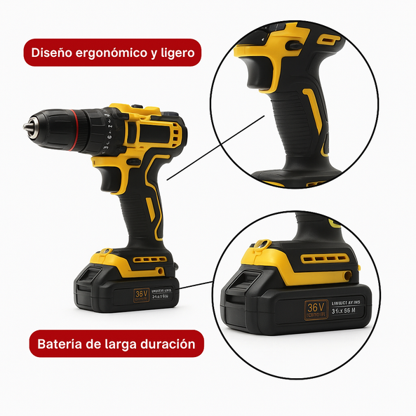 Taladro Inalámbrico 36V con 2 Baterías y Kit Completo – Ideal para el Hogar y Bricolaje