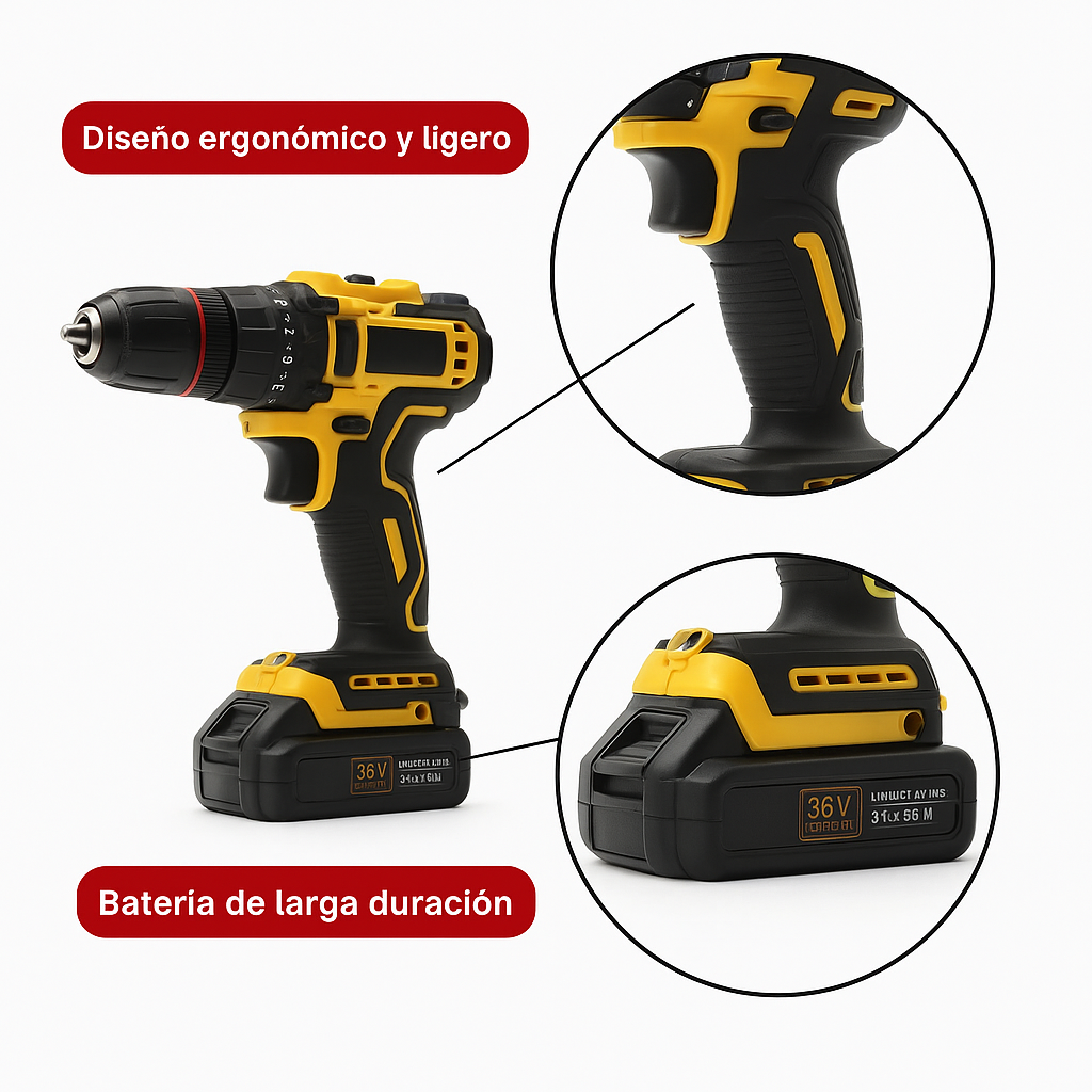Taladro Inalámbrico 36V con 2 Baterías y Kit Completo – Ideal para el Hogar y Bricolaje