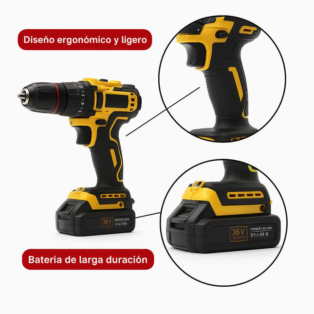 Taladro Inalámbrico 36V con 2 Baterías y Kit Completo – Ideal para el Hogar y Bricolaje