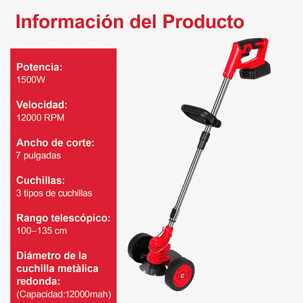Desbrozadora Eléctrica a Batería 18V 2 Baterías, Cabezal Ajustable y 3 Cuchillas para Césped y Arbustos