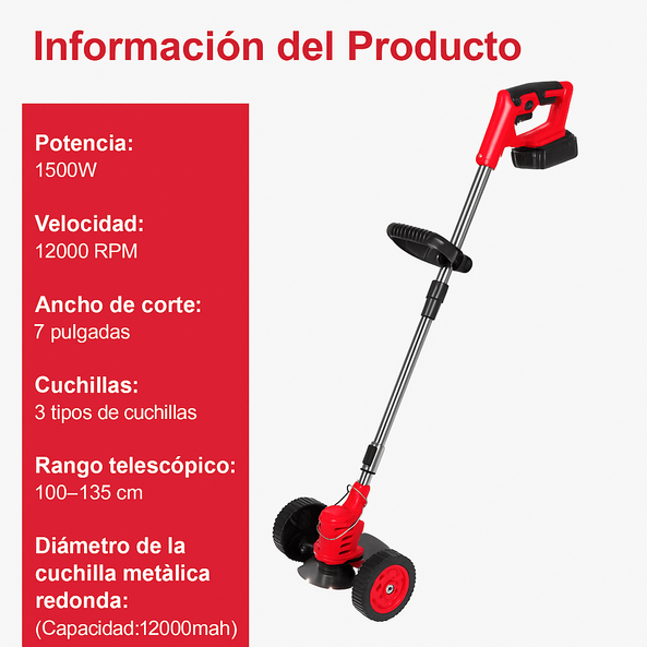 Desbrozadora Eléctrica a Batería 18V 2 Baterías, Cabezal Ajustable y 3 Cuchillas para Césped y Arbustos