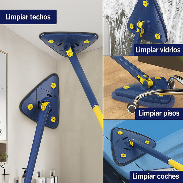 Mopa Triangular Giratoria 360º con Autoescurrido y Mango Extensible | Incluye 2 Paños de Microfibra