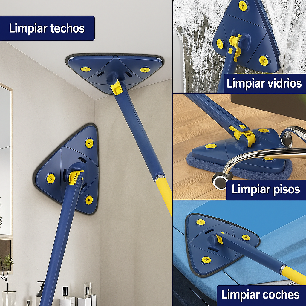 Mopa Triangular Giratoria 360º con Autoescurrido y Mango Extensible | Incluye 2 Paños de Microfibra
