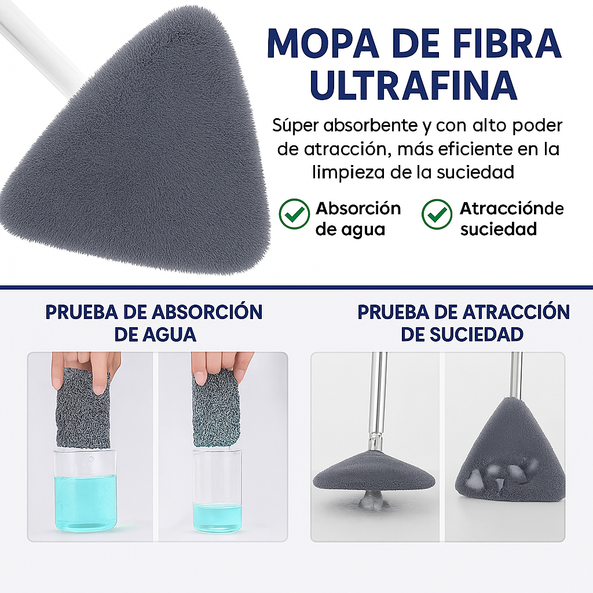 Mopa Triangular Giratoria 360º con Autoescurrido y Mango Extensible | Incluye 2 Paños de Microfibra