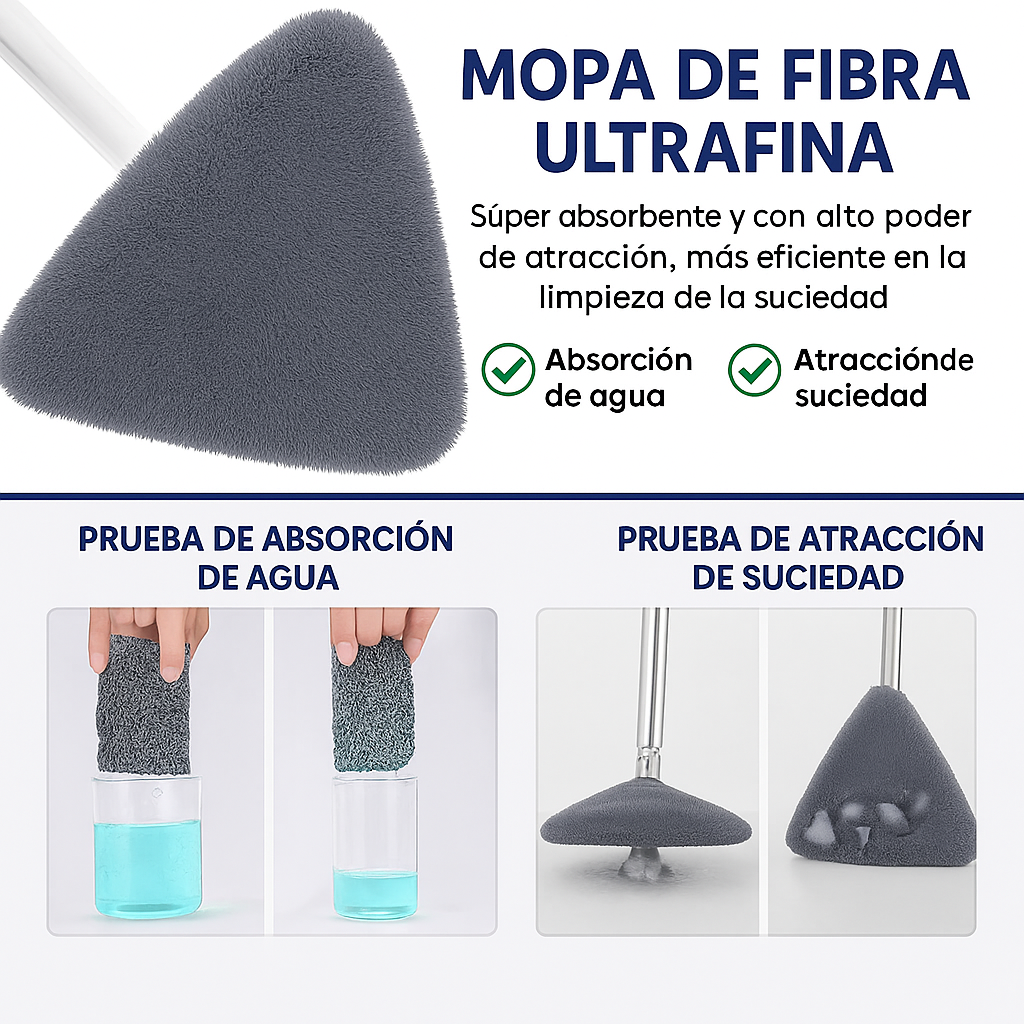 Mopa Triangular Giratoria 360º con Autoescurrido y Mango Extensible | Incluye 2 Paños de Microfibra
